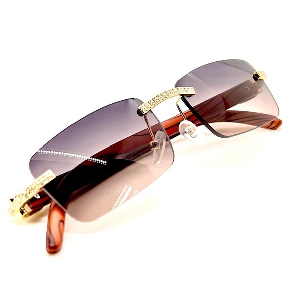 Square Men Sunglasses Rimless Tea Lens Wood Grain Legs‎ Fashion Hip Hop Retro - Picture 1 of 4